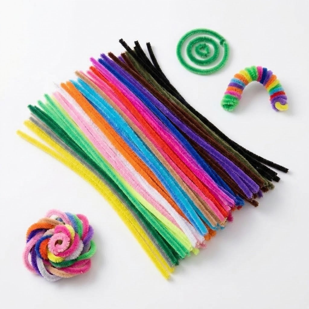 Craft kit multicolored fuzzy pipe cleaners arranged on a white background beside spiral, rainbow, and flower shapes.