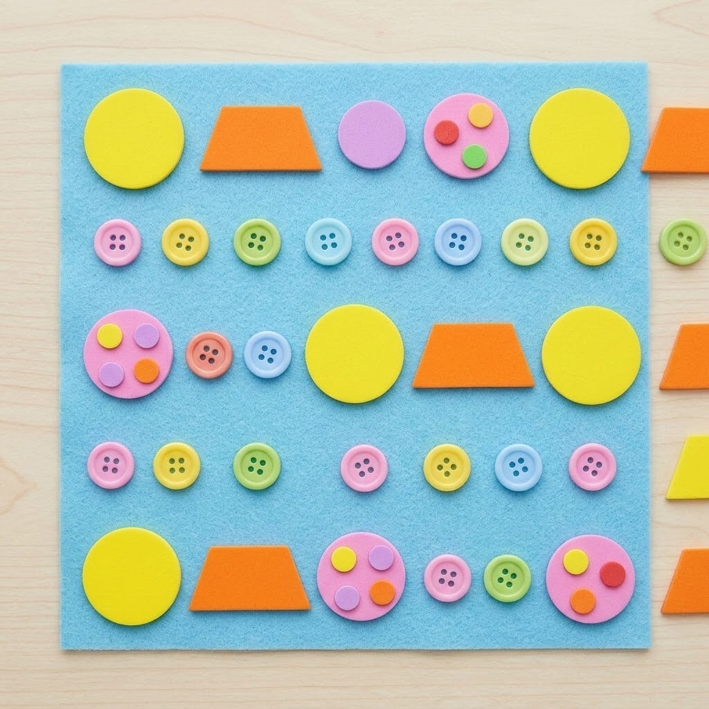 A colorful children's sensory craft kit on a light blue felt board, featuring yellow circles, orange trapezoids, pink and purple circles, and multicolored buttons, displayed on a light wood background.