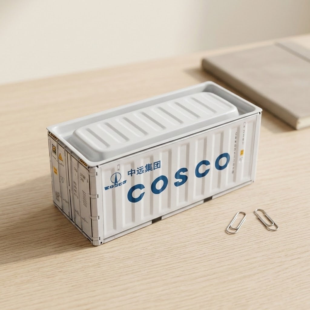 A white storage box with a recessed ribbed lid and blue lettering sits on a light wooden desk beside two paper clips.