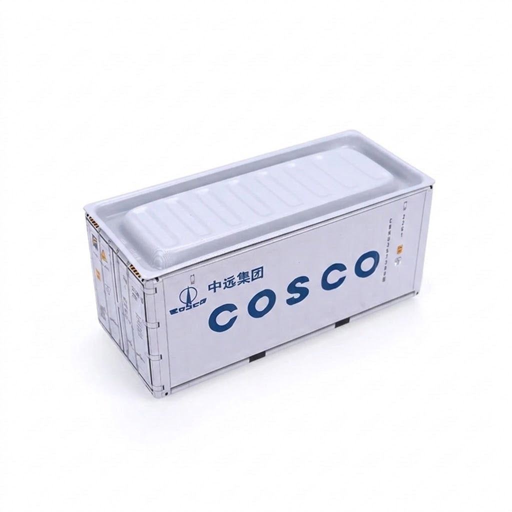 A white iron storage box with blue lettering and shipping container details stands against a plain white background.