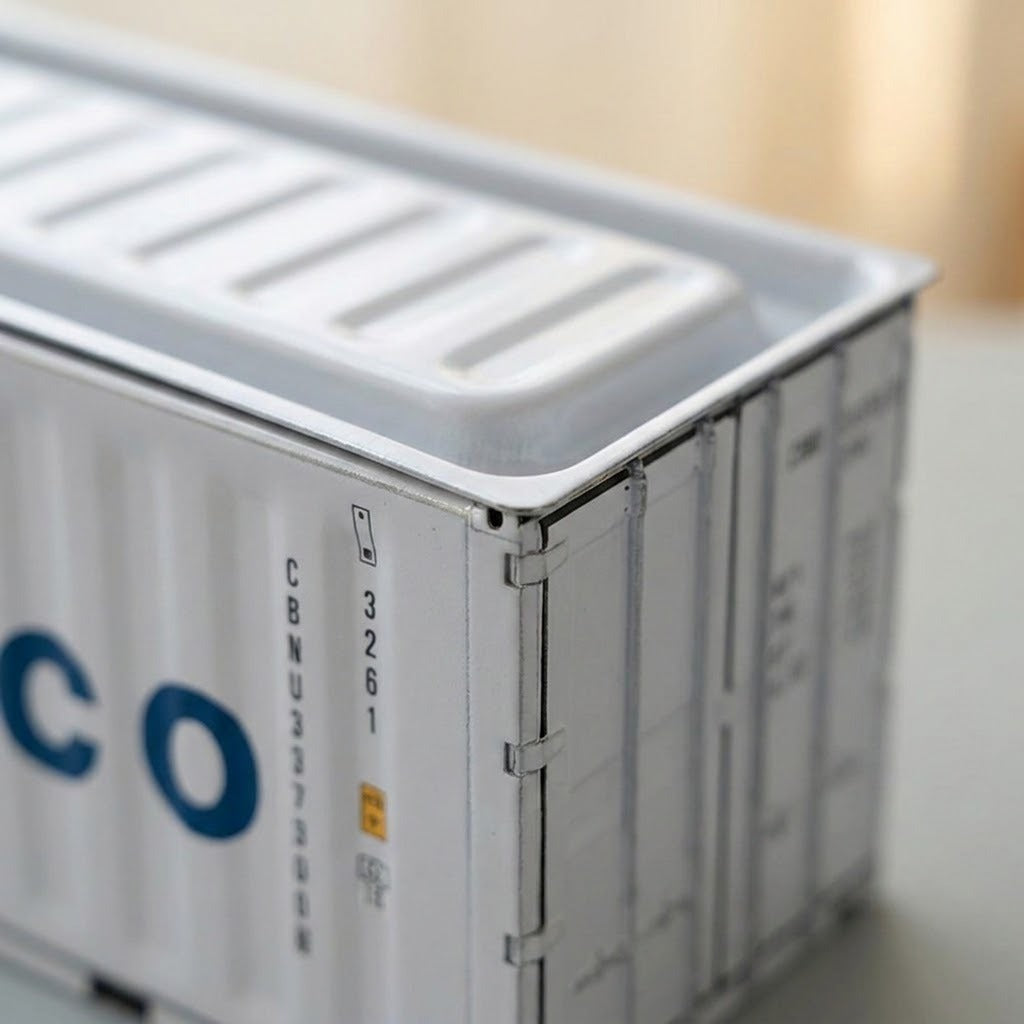 A close-up shows the white storage box’s ribbed lid, metal rim, and printed door details against a softly blurred background.