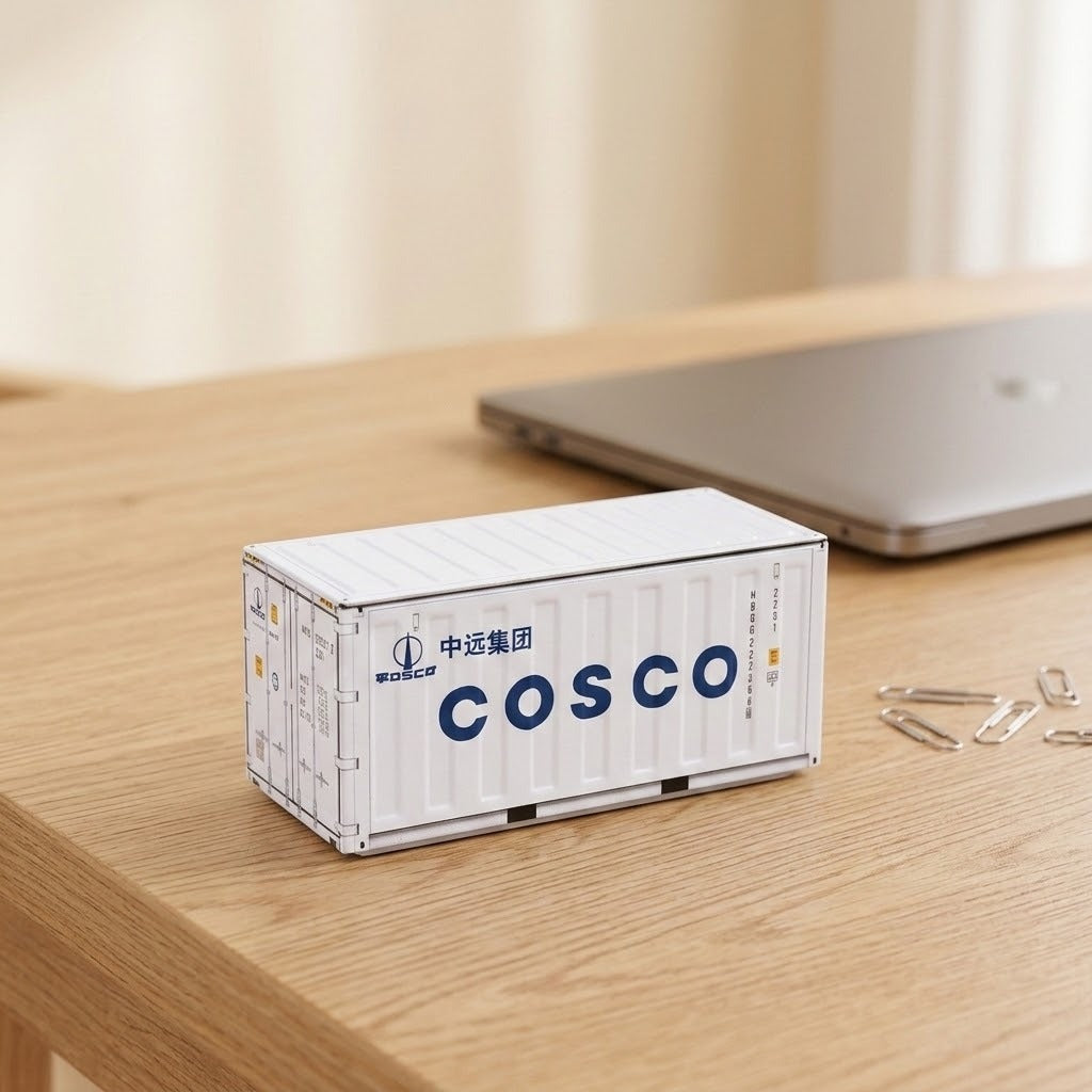 A white storage box with its lid closed sits on a wooden desk beside paper clips and a closed silver laptop.