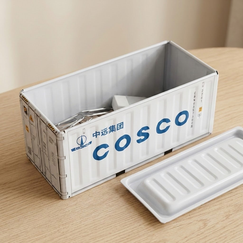 A white shipping container-style storage box with blue COSCO branding sits on a light wood table, with its matching lid placed beside it.