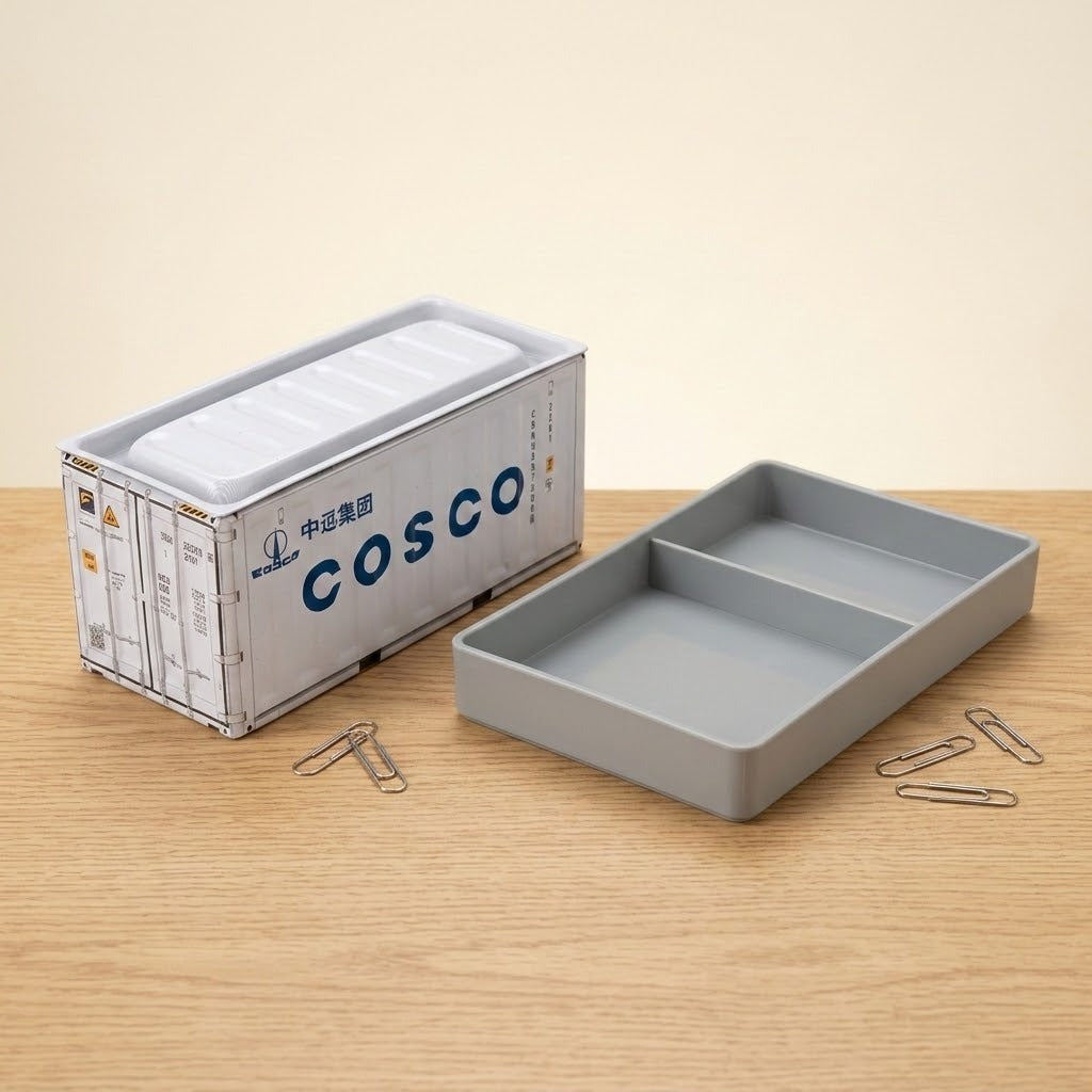 A white storage box stands beside a gray two-compartment tray and scattered paper clips on a wooden desktop.