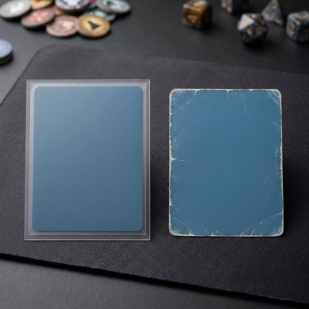 A blue card or deck shown in two states: one inside a clear protective sleeve on the left, and one with a distressed, worn blue surface on the right, displayed on a dark tabletop with game tokens and dice blurred in the background.