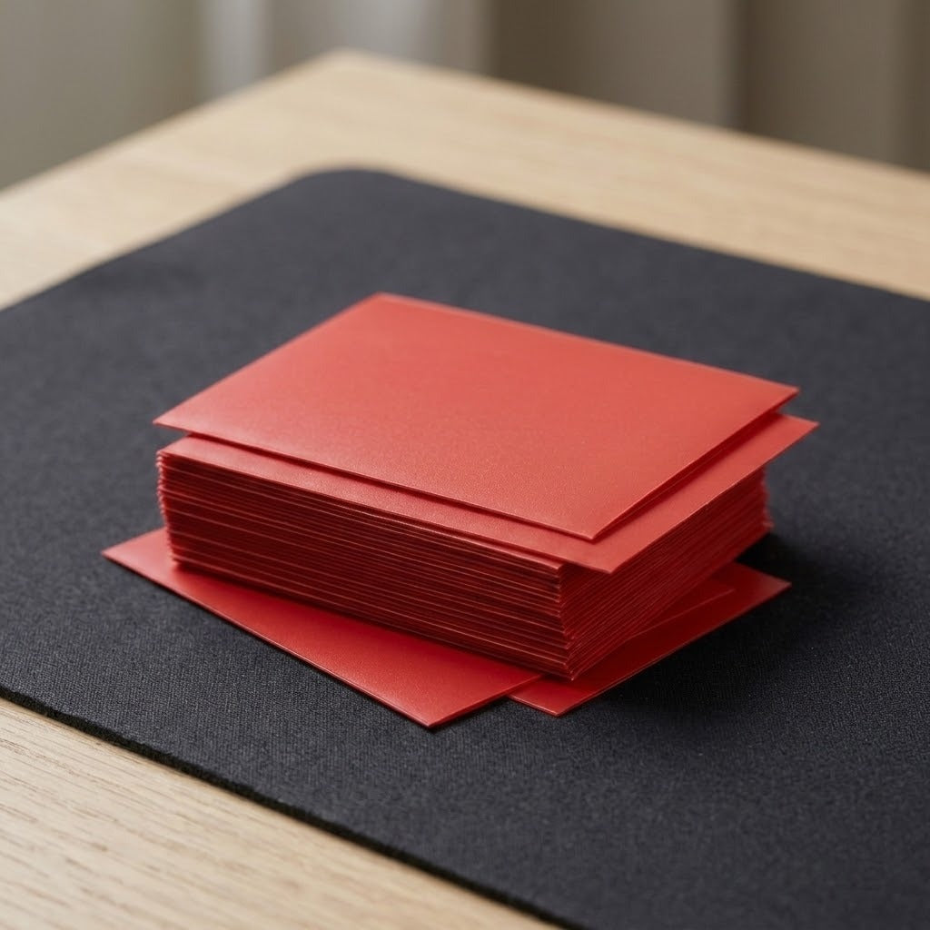 Red matte polypropylene card sleeves stacked on a black playmat on a light wooden desk.