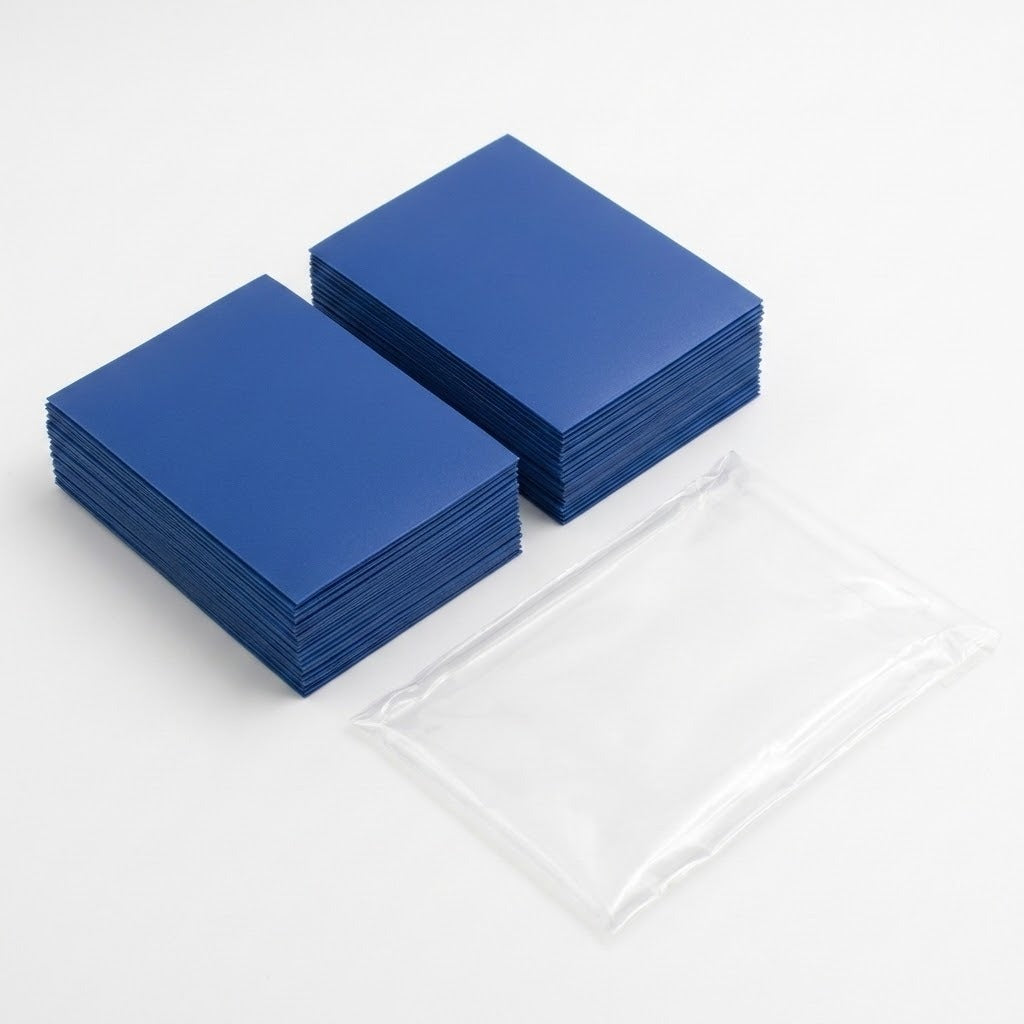 Blue matte polypropylene card sleeves arranged in two stacks beside an empty clear packaging bag on a white background.