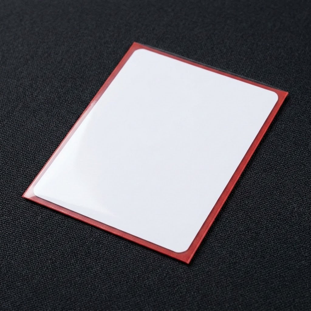 A square white card or label with rounded corners, enclosed in a translucent red protective sleeve, placed on a dark textured fabric background.