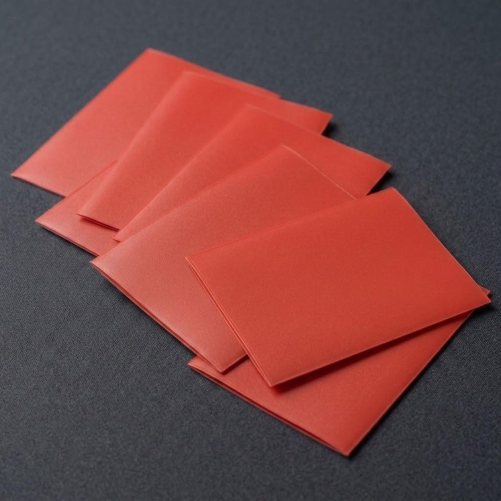 Red matte polypropylene card sleeves spread diagonally in an overlapping arrangement on a dark gray playmat.