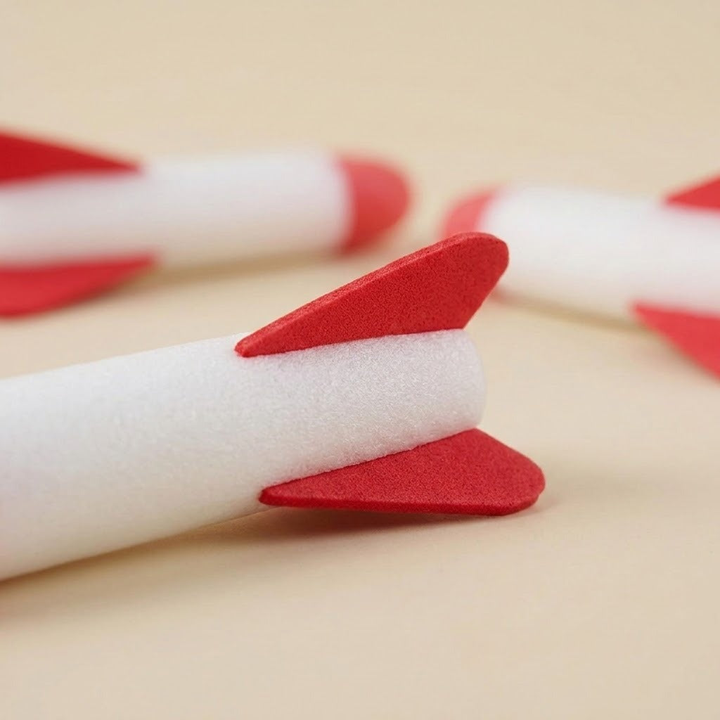 Rocket launcher foam rocket close-up showing a white body and red fins on beige, with two rockets blurred behind.