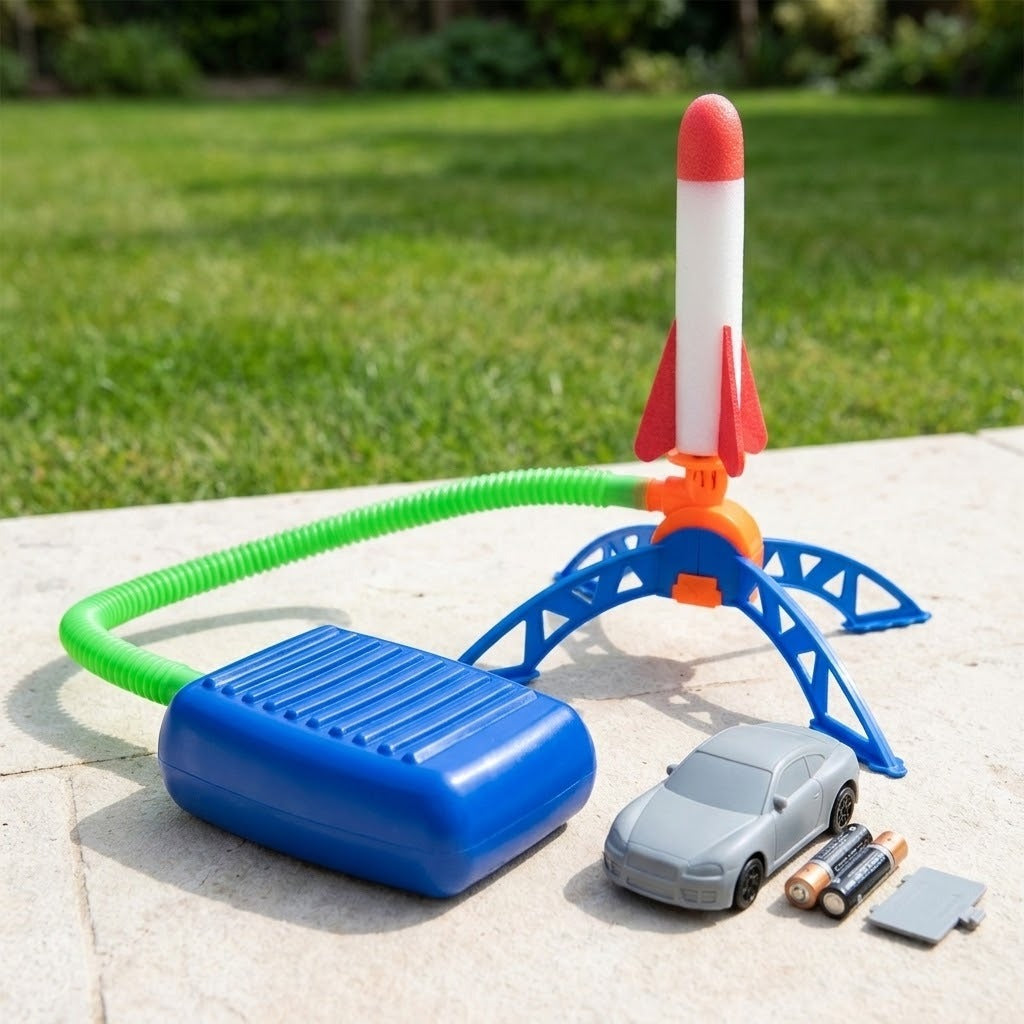 Rocket launcher with blue foot pump and red-and-white rocket on outdoor paving beside a toy car, loose batteries, and a gray cover.