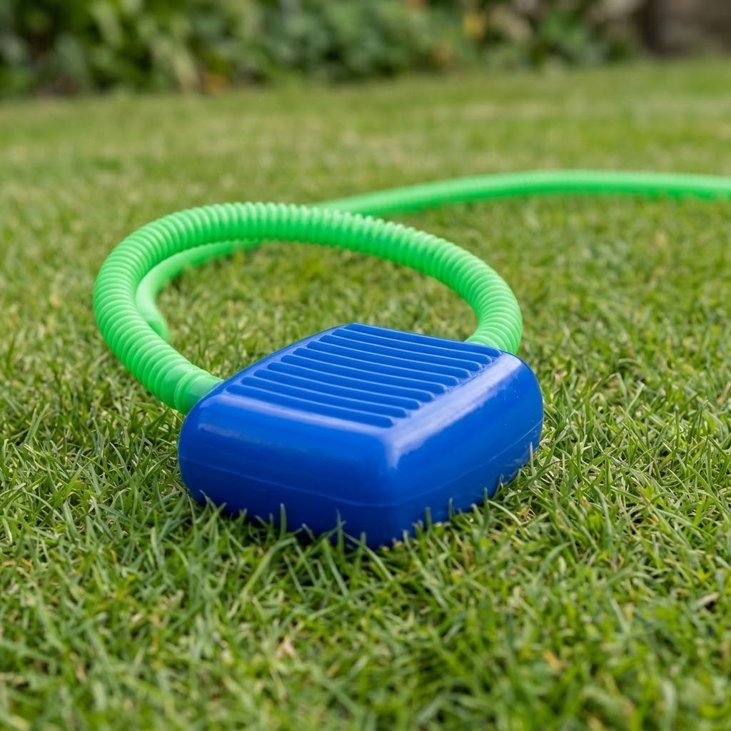 Rocket launcher blue foot pump with ribbed top and bright green corrugated hose resting on a grassy lawn.