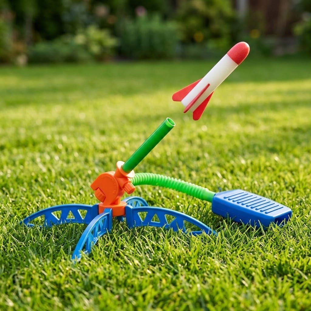 A colorful plastic toy rocket launcher sitting on green grass, with a red, white, and pink rocket launching upward. The launcher has blue cradle supports, an orange release button, and a green handle with a blue foot pedal.