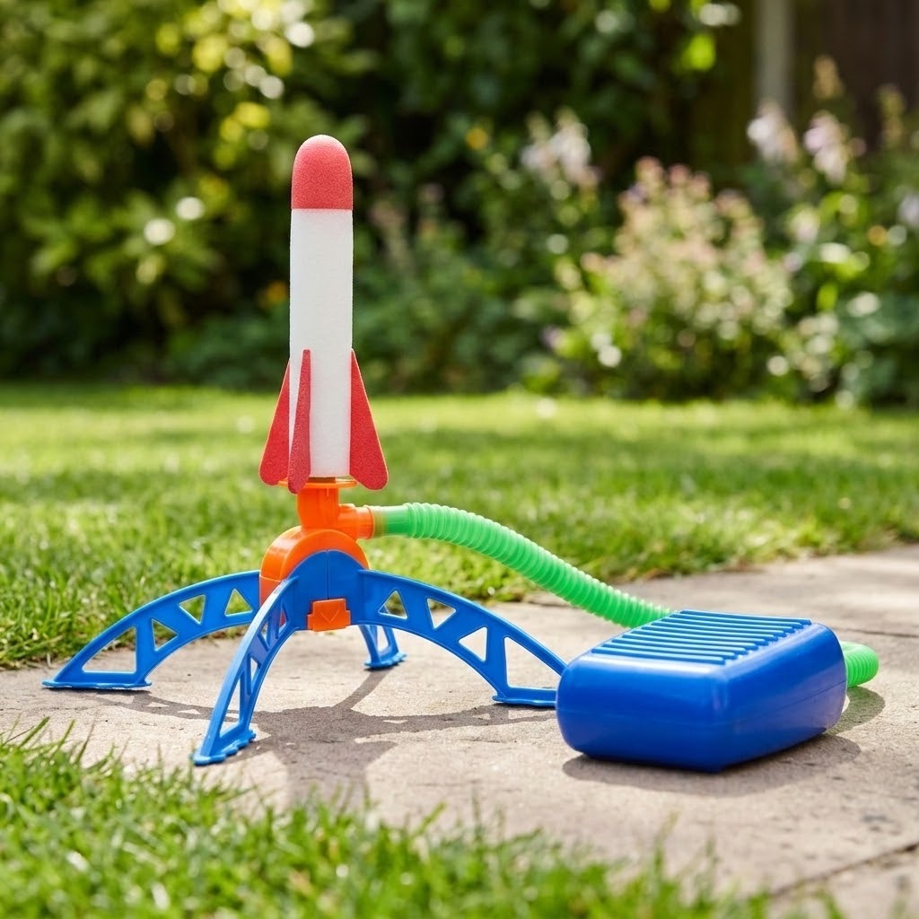 A children's plastic toy rocket launcher set outdoors on grass and a stone path, with a blue foot pump connected by a green hose to a white, red, and orange rocket on a blue stand.
