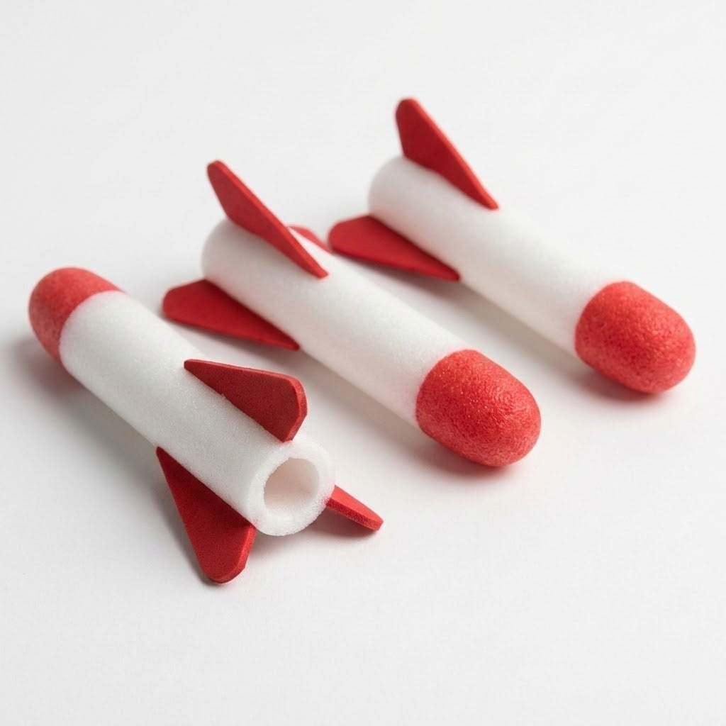 Three red-and-white foam rockets for the rocket launcher lie on white, with one hollow tail opening clearly visible.