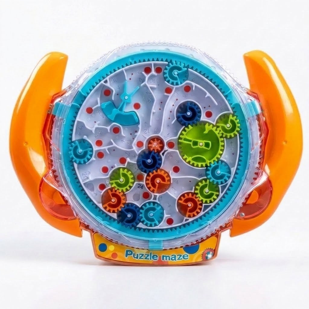 A colorful circular toy puzzle maze with orange side handles, featuring multiple colorful gears and a white inner track on a plain white background.