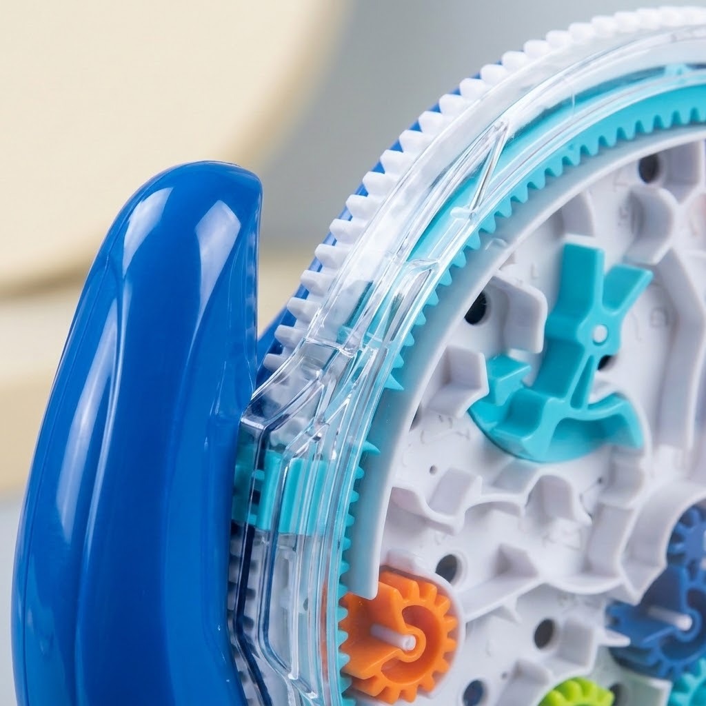A close-up of the maze puzzle shows its glossy blue handle, transparent plastic casing, white tracks and turquoise and orange components.