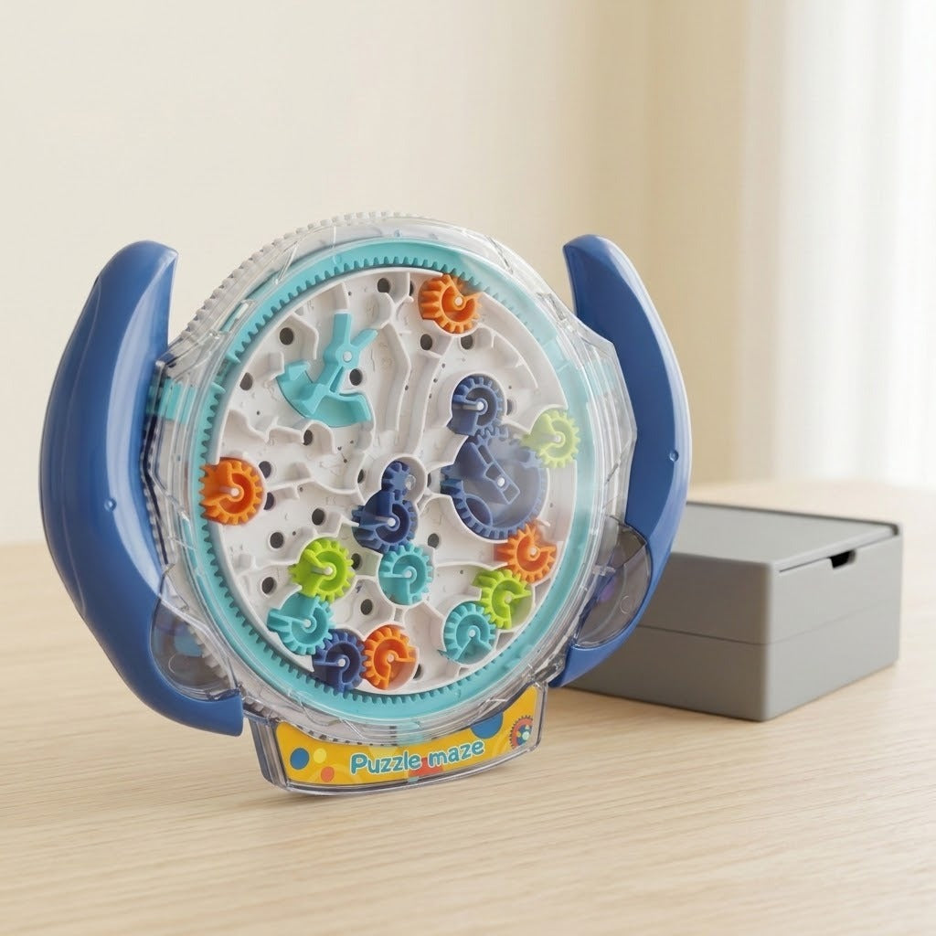 Circular transparent plastic maze puzzle with blue handles and colorful gears stands on a wooden tabletop beside a gray box.