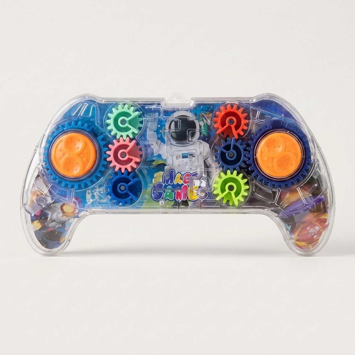 Transparent plastic controller-shaped maze puzzle with orange circular controls, colorful gears, and an astronaut illustration sits against a white background.