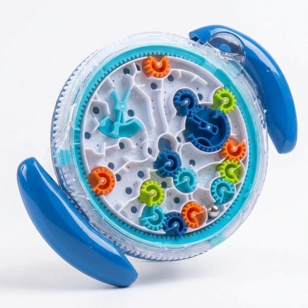 A transparent circular maze puzzle with blue handles and colourful internal gears rests diagonally against a white background.