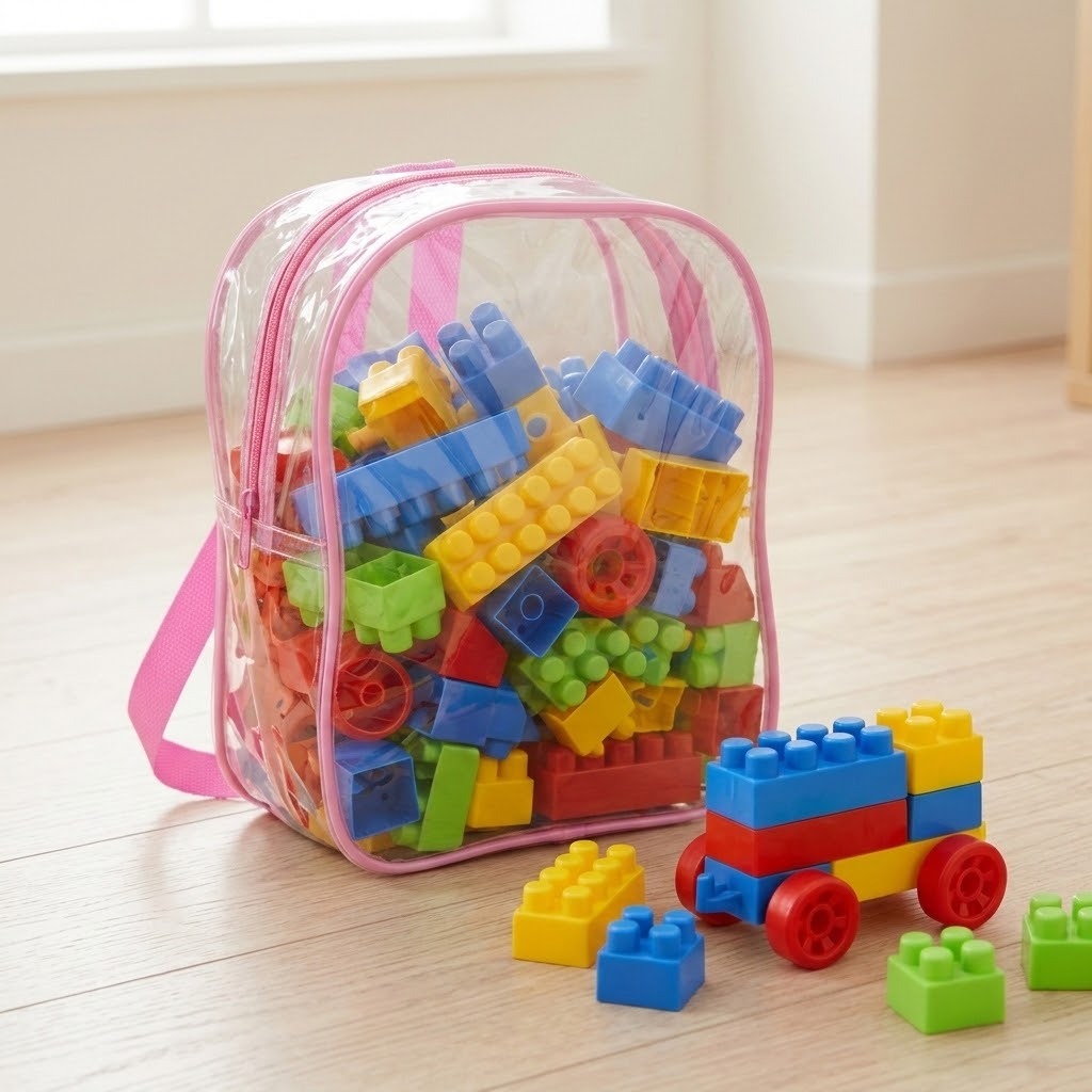 A clear plastic backpack with a pink zipper and pink handle, filled with colorful toy building blocks, set on a light wood floor near a window.