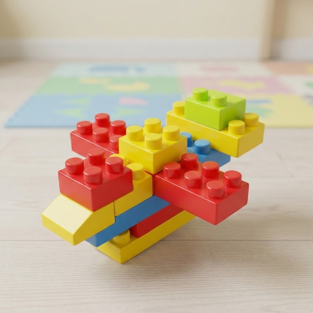 A colorful toy building block structure made of interlocking red, yellow, green, blue, and beige blocks, standing on a light wood surface with a blurred pastel play mat in the background.
