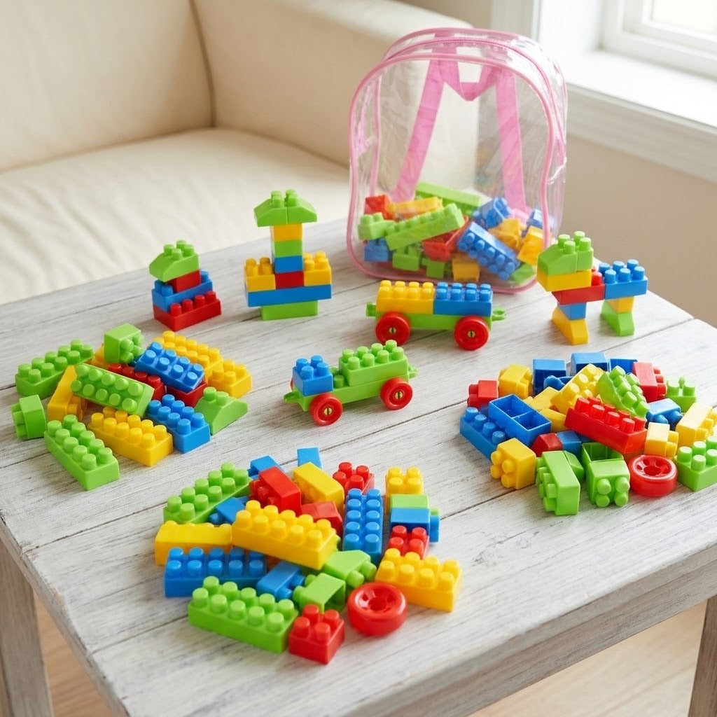 Colorful children's building blocks scattered on a light wooden table, with a clear pink backpack filled with more blocks in the background near a window.