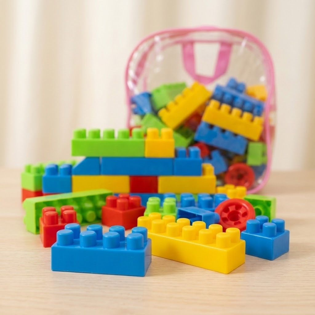 Colorful plastic building blocks in red, blue, green, and yellow, with some stacked and others scattered in front of a transparent pink storage bag on a light wooden surface.