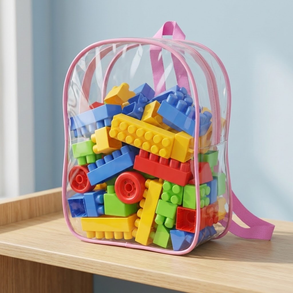 A clear plastic toy backpack with pink trim and pink straps, filled with colorful building block pieces, sitting on a light wood shelf against a pale blue wall.