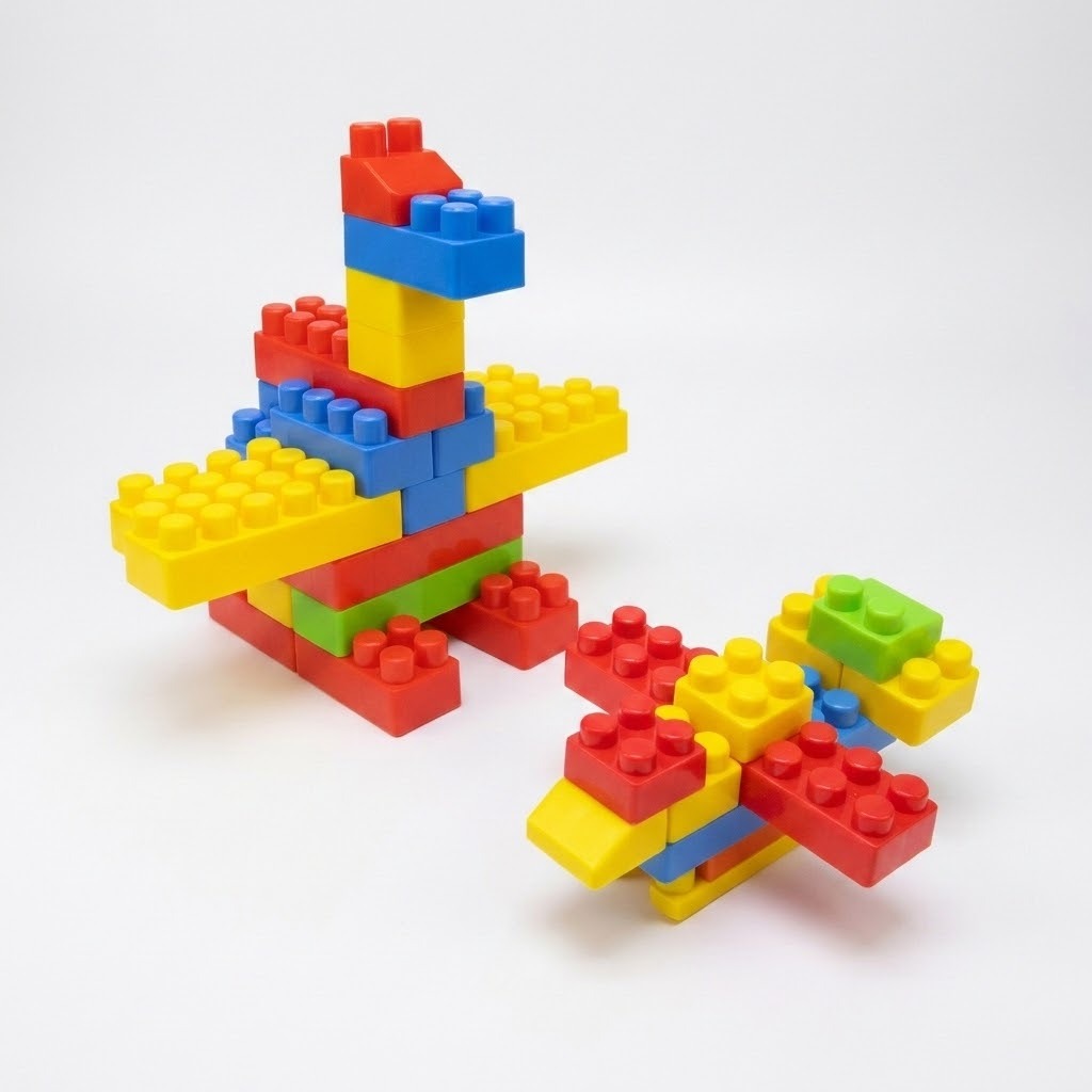 Two small toy structures built from colorful oversized building blocks, photographed on a clean white studio background.