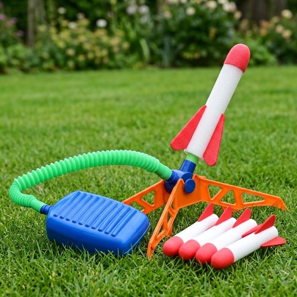 A rocket launcher on a lawn holds one red-and-white rocket, with four spare rockets beside its orange base and blue pedal.