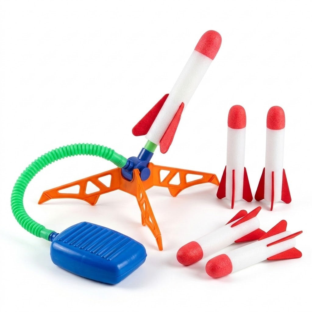 A rocket launcher with an orange base, blue pedal, green hose, and five red-and-white foam rockets sits against a white background.