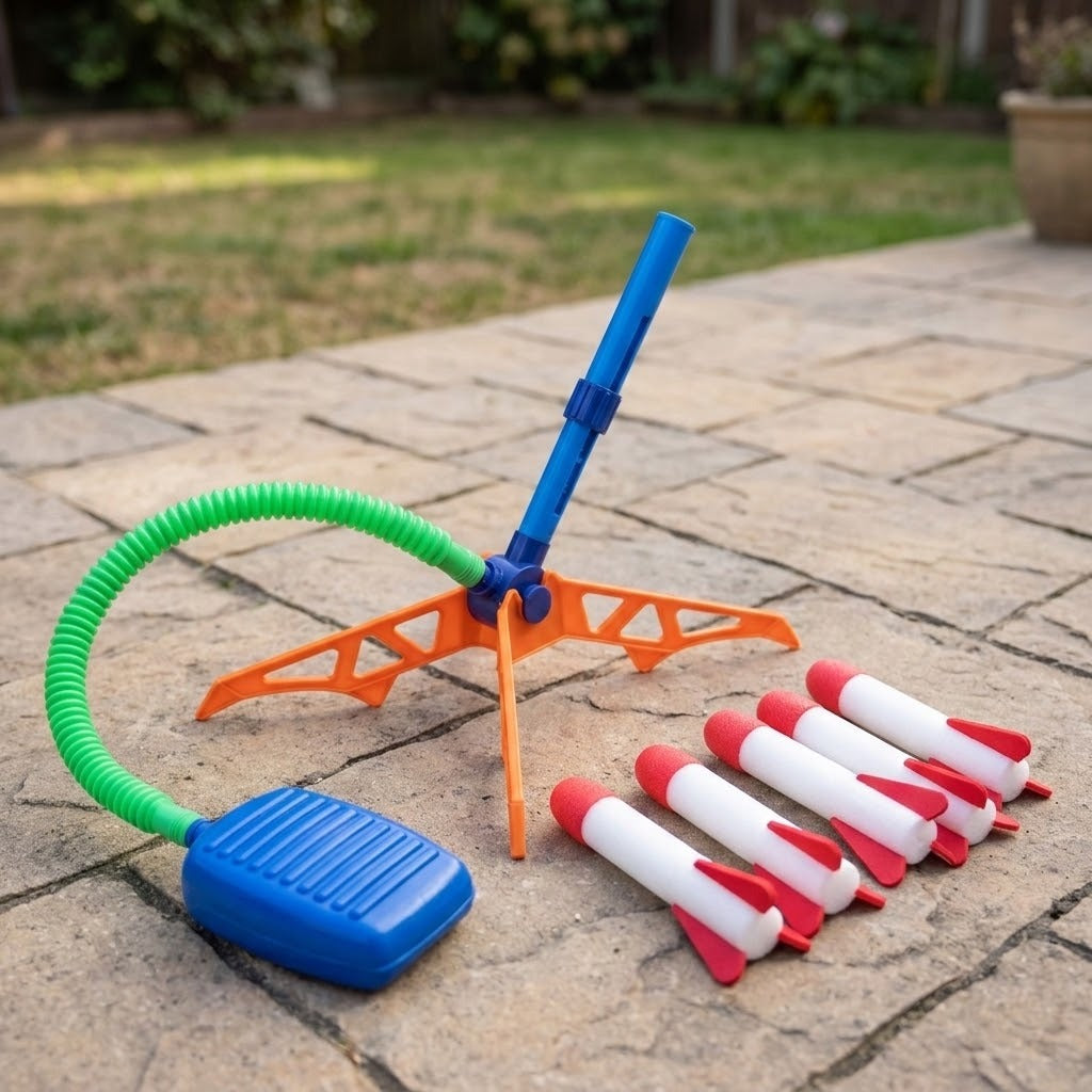 A toy rocket launcher set on a stone patio with grass in the background. The set includes an orange and blue launcher stand, a blue foot pedal connected by a green hose, and several white and red foam rockets lined up in front.