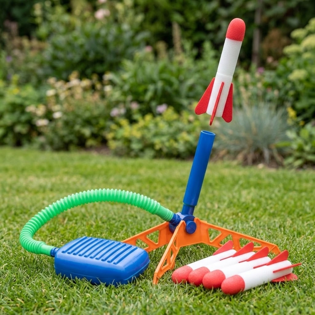 A red-and-white foam rocket hangs above the rocket launcher's blue tube, with an orange base, blue pedal, and spare rockets on grass.