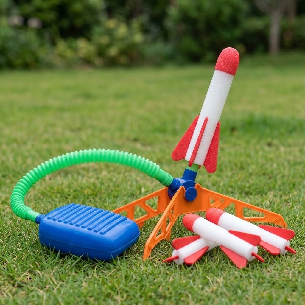 Red-and-white foam rocket mounted on an orange launcher base beside a blue foot pedal, green hose, and spare rockets on grass.