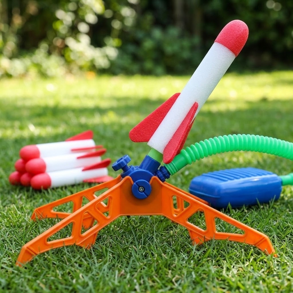 Rocket launcher on grass holds a tilted red-and-white foam rocket above an orange base, beside a blue pedal and spare rockets.