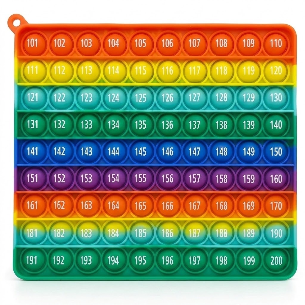 Rainbow silicone counting toy shows rows of numbered bubbles and a corner hanging loop against a white background.