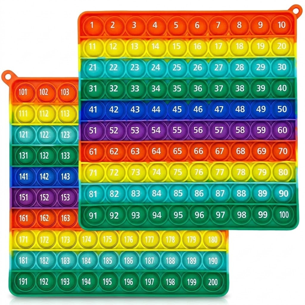 Overlapping front and back views of a rainbow silicone push-pop counting toy show numbered bubbles against a white background.