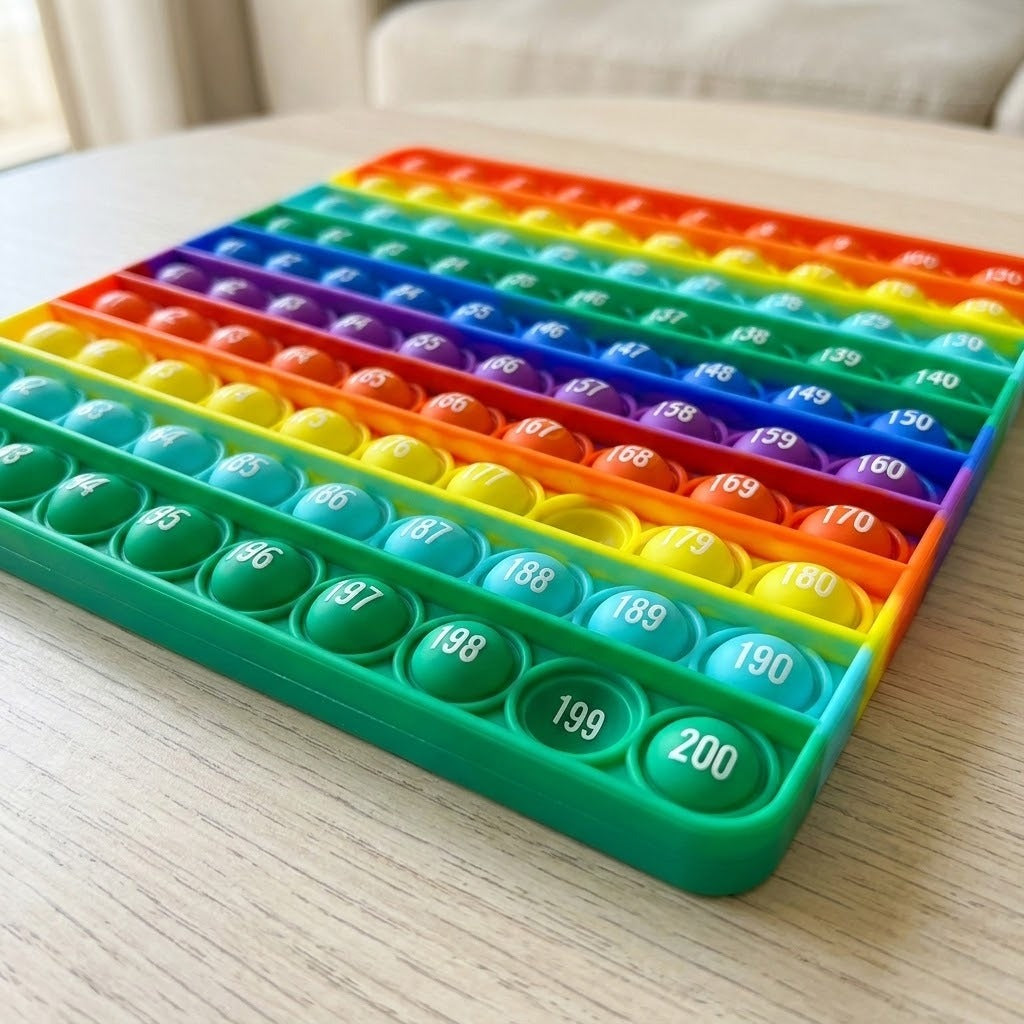 Rainbow silicone push-pop counting toy lies diagonally on a pale wooden table, showing raised numbered bubbles against a softly blurred interior.