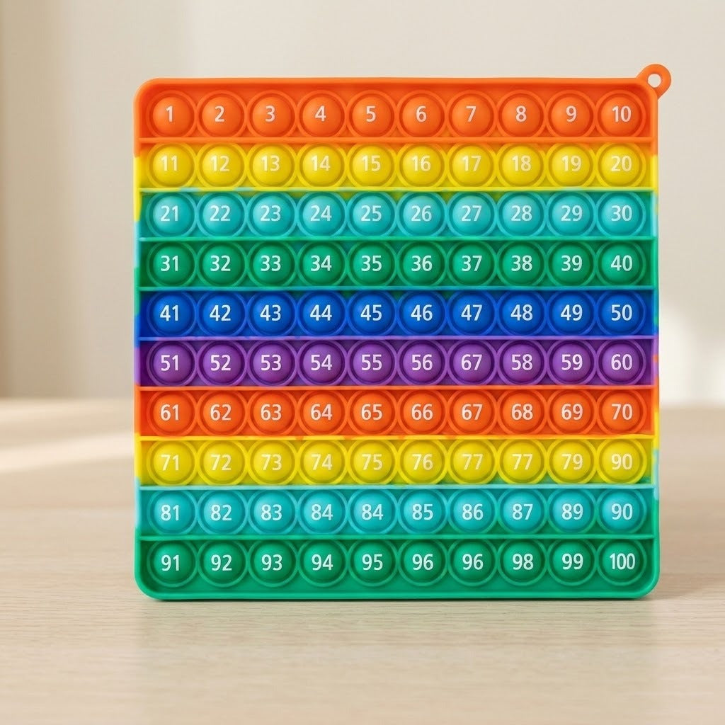 Rainbow silicone push-pop counting toy stands upright on a pale wooden surface against a beige background, displaying numbered circular bubbles.