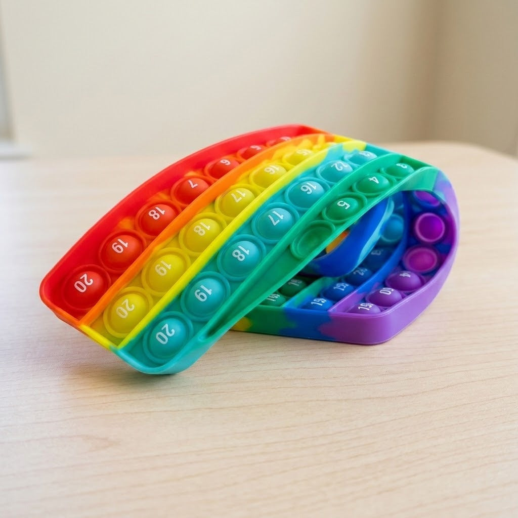 Rainbow silicone counting toy bends into a curved fold on a pale wooden table, with numbered bubbles visible along the exposed rows.