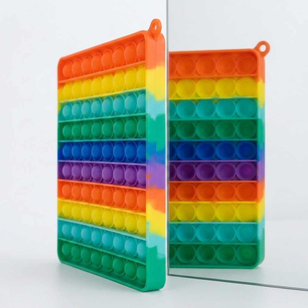 Rainbow silicone counting toy stands upright beside a mirror, showing colorful bubble rows and a corner loop against a pale background.