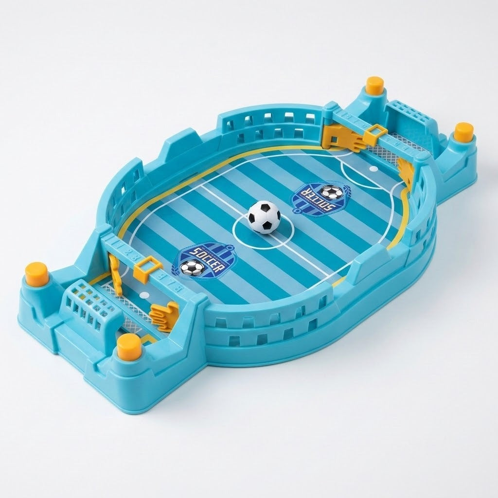 Blue tabletop soccer game with yellow controls, opposing goals, and a black-and-white ball on a white background.