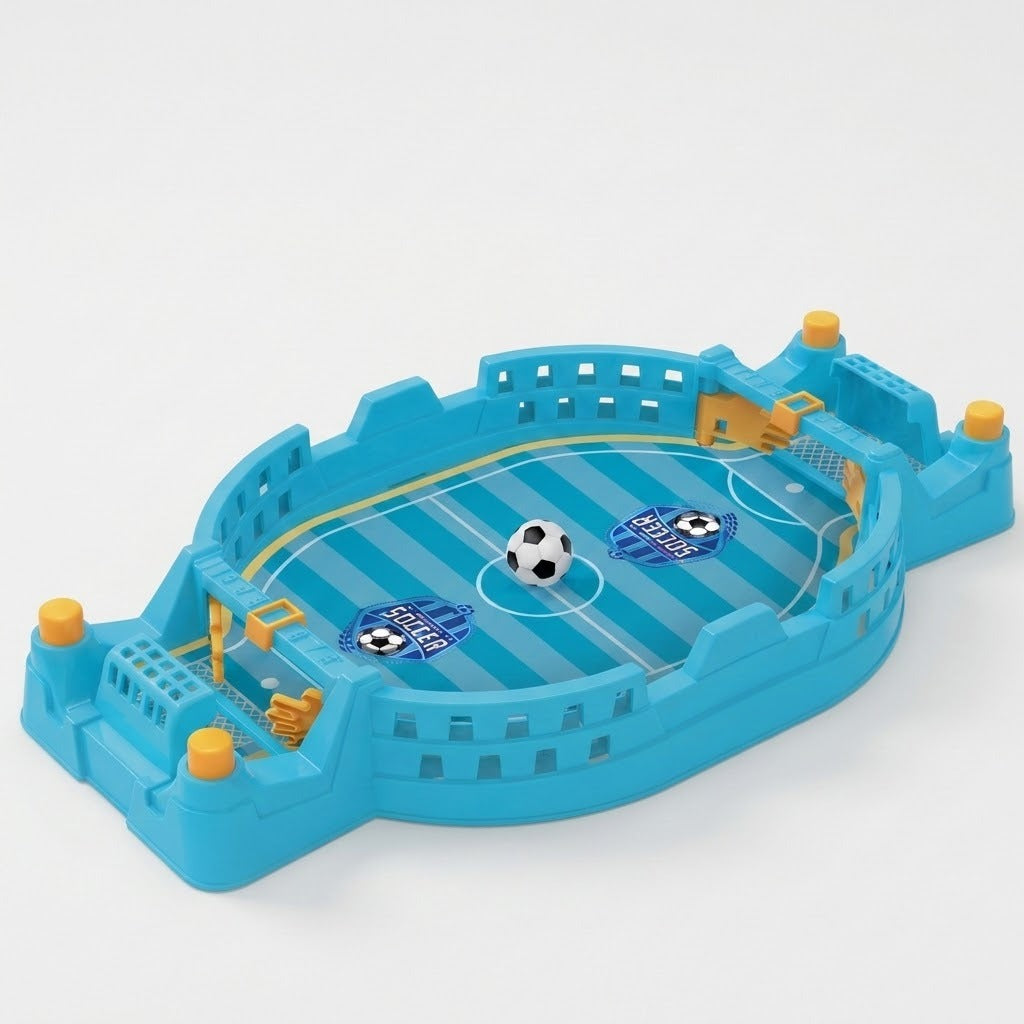 Blue tabletop soccer game with yellow controls, two goals, and a miniature black-and-white ball on a light gray background.