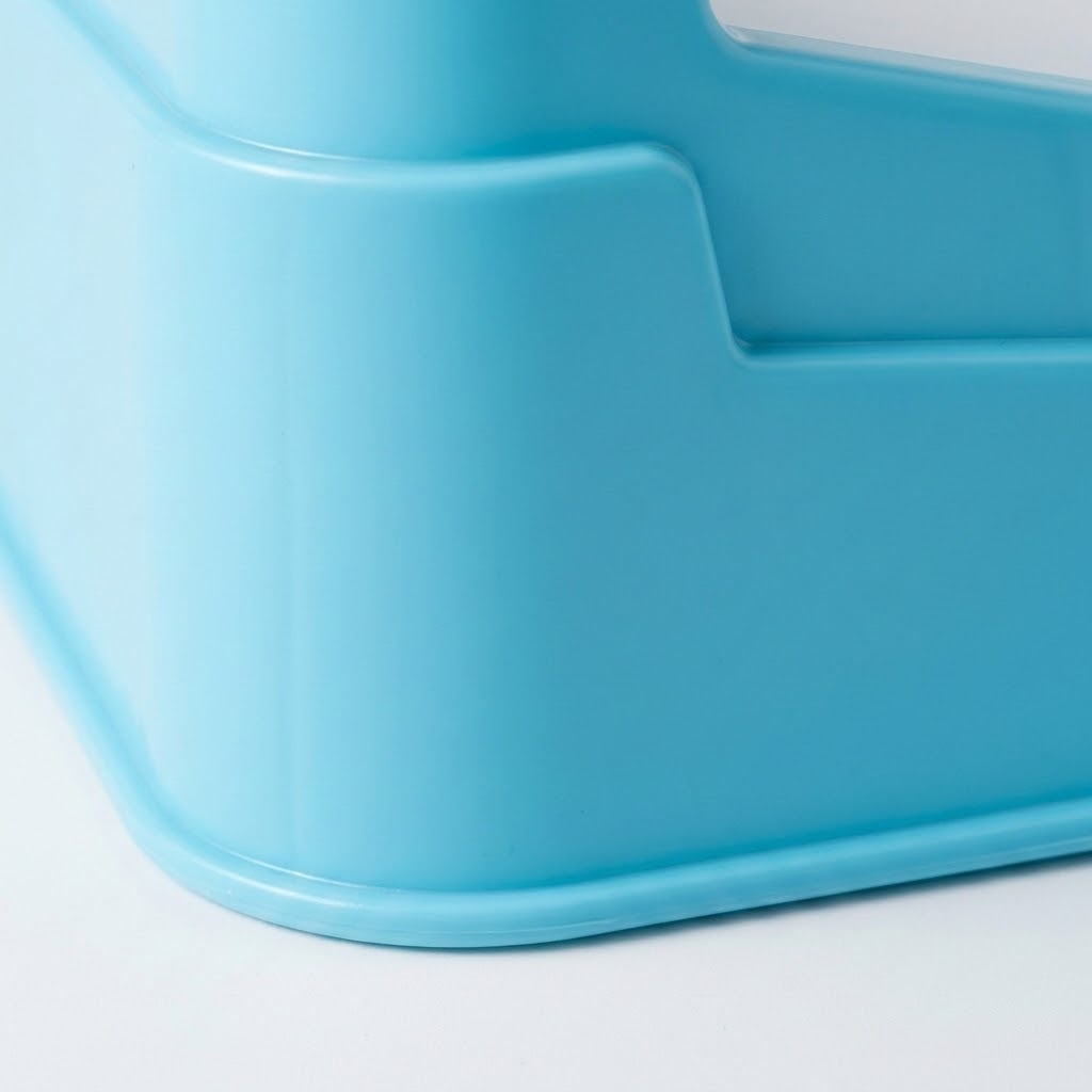 Close-up of the blue tabletop soccer game's rounded plastic corner and raised base edge against a white background.