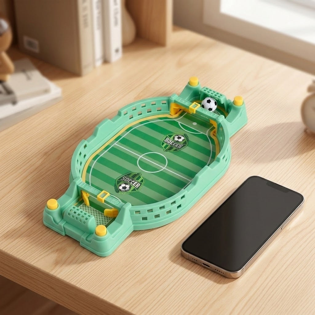 Green tabletop soccer game with a ball in the far goal beside a smartphone on a sunlit wooden desk.