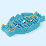 Blue tabletop soccer game with a striped field, yellow controls, two goals, and a miniature ball against a pale blue background.
