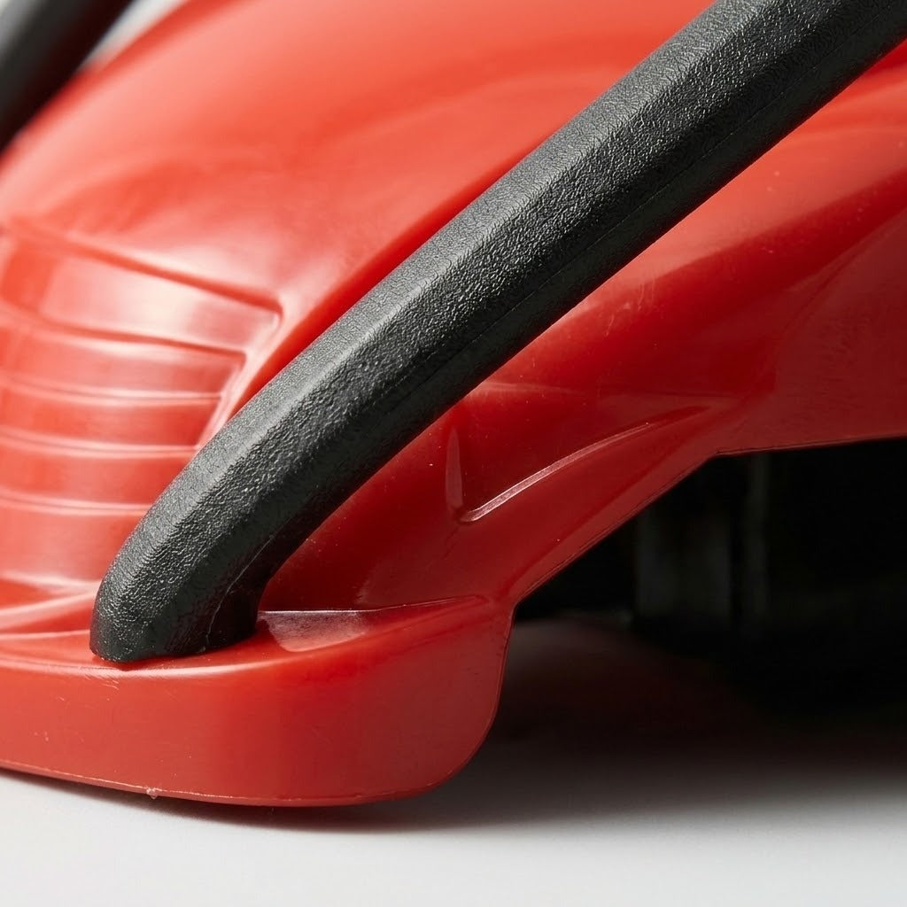 Close-up shows the toy car’s molded red body and textured black protective bar above a white surface.