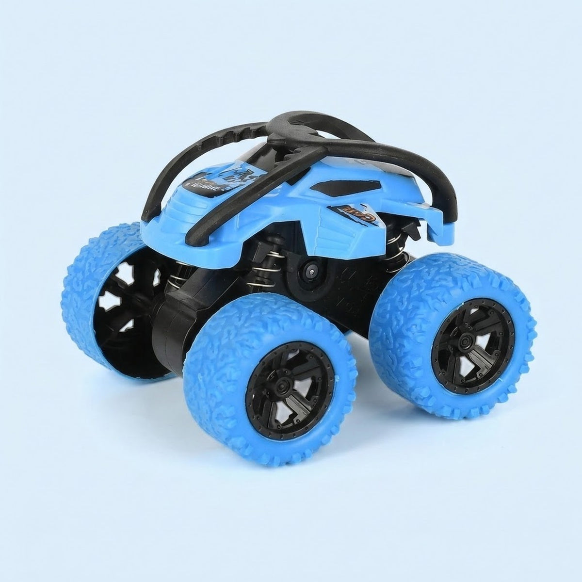 Blue and black toy stunt car with chunky blue tires, black overhead bars, and exposed springs against a pale blue background.