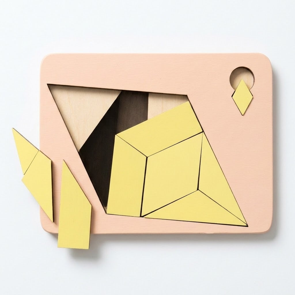 A wooden geometric puzzle has yellow pieces partly fitted inside a peach tray, with two pieces resting beside it against white.
